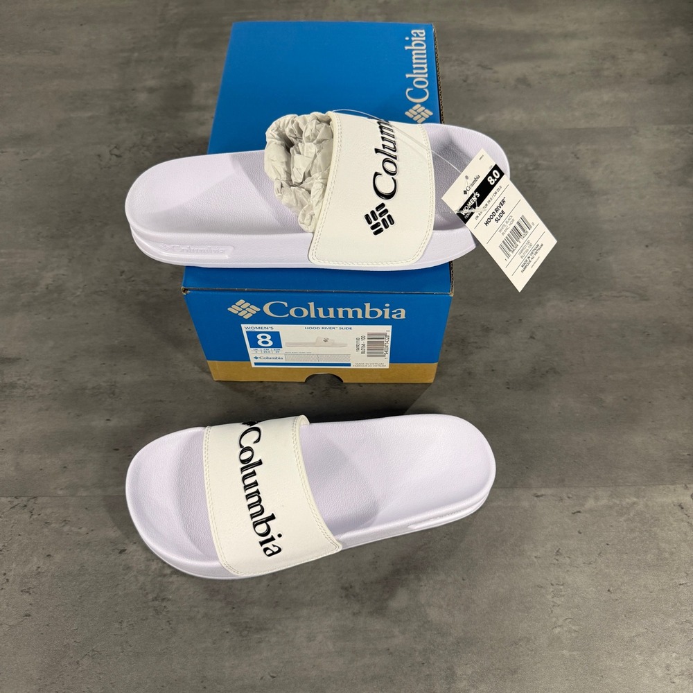 Columbia Hood River Slide Womens 8 White Black Logo Sandal BL0166-100 NEW